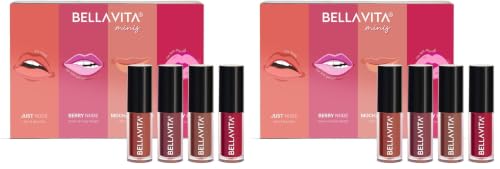 Image of Bella Vita Organic Mini Kiss Proof Liquid Lipstick Gift Set of 4x2ml | Smudge & Transfer-Proof | Intense Moisturisation | Just Nude, Berry Nude, Mocha Madness, Cherry Pop | Lipstick Combo Set