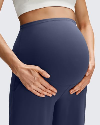 Image of G4Free BareFeel Maternity Pants Over the Belly Pregnancy Trousers for Work | High Waist Coverage,Two Side Pockets,Wide Leg Design,Soft Knit Fabric,for Dress Casual Yoga