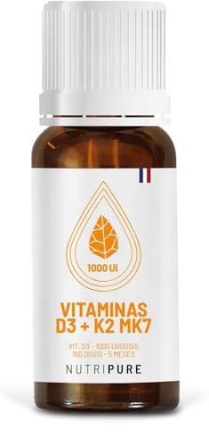Nutripure | Vitamina D3 K2-MK7 1000 UI | Alta Dosis para el Distema Inmunitario, la Salud Ósea Muscular |con VitaMK7® y Aceite de Oliva Ecológico | Alta Absorción y Dosificación Personalizada |5 meses