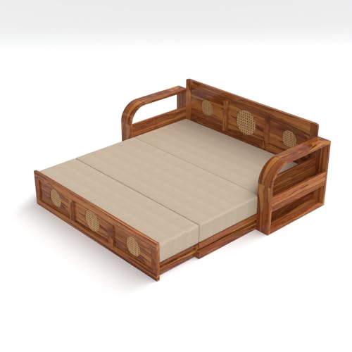 Image of Kunjal Furniture Solid Sheesham Wood Sofa Cum Bed with Storage for Living Room | Natural Finish | 3-Seater Convertible Sofa Bed | Handmade Wooden Furniture (Natural, Round Cane)