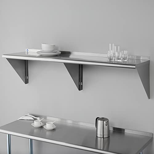 Image of ROCKPOINT Stainless Steel Shelf 18 x 60 Inches 450lb, NSF Metal Commercial Shelves Wall Mount Floating Shelving with Backsplash for Restaurant, Kitchen, Home and Hotel, Silver
