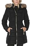 Laundry by Shelli Segal Women's 3/4 Puffer Jacket with Zig Zag Cinched Waist and Faux Fur Trim Hood, Black, Large