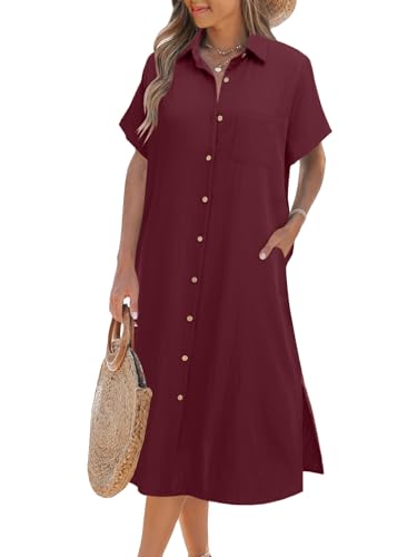 Image of Zeagoo Women Dresses Summer Casual Short Sleeve Button Down Shirt Dresses 2026 Beach Cover Up with Pockets