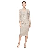 S.L. Fashions Women's Tea Length Sequin Lace Special Occasion Dress with Illusion Sleeve Jacket, Champagne, 16