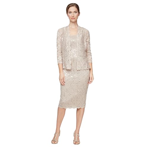 Image of S.L. Fashions Women's Tea Length Sequin Lace Mother of The Bride Dress with Illusion Sleeve Jacket