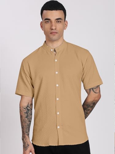 Image of Men's Regular Fit Solid Casual Shirt - Short Sleeve, Mandarin Collar, Lightweight Polyester, Stylish Everyday Wear