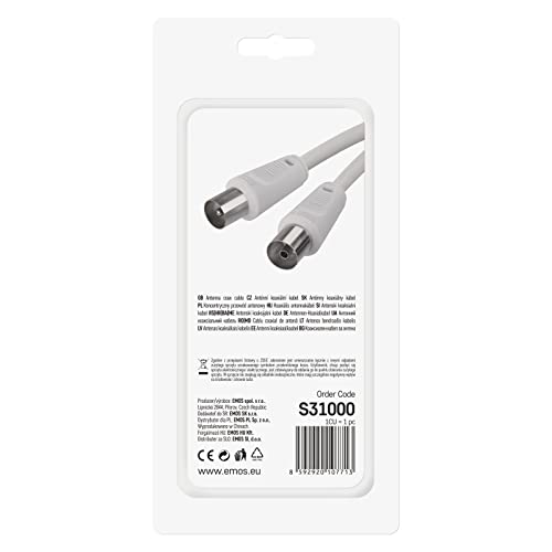 EMOS Antennenkabel, Koaxialkabel, Fernsehkabel 10 m, Koax-Kabel für Digitales Fernsehen, TV, Receiver, SAT, doppelt abgeschirmt, gerader Koax-Stecker auf gerade Koax-Buchse