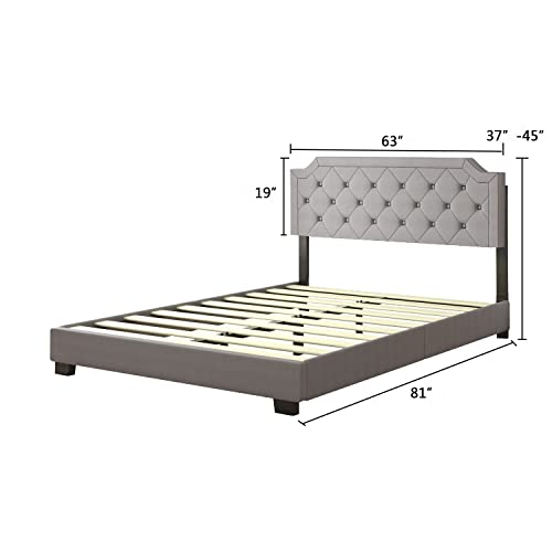 Queen Platform Bed Frame, Upholstered Queen Bed Frame with Strong Wood