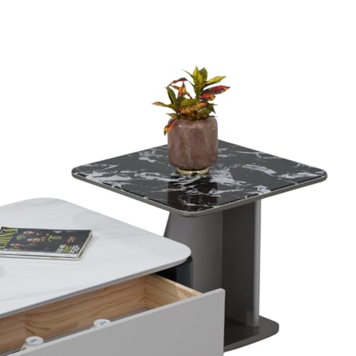 Image of Royaloak Seattle American Glass Coffee Table Set of Two | Tempered Glass with Marble Effect Surface & Black Body | Drawer Storage, Asymmetrical Side Design, Stylish Centre Table for Living Room