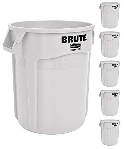 Image of Rubbermaid Commercial Products BRUTE Heavy-Duty Round Trash /Garbage Can, 20-Gallon, White, Outdoor Waste Container for Landscapers /Construction /Restaurants /Back of House /Offices /Warehouses, Pack of 6