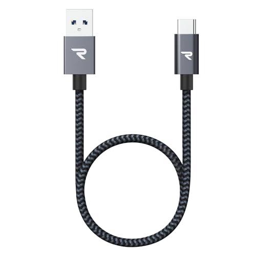 RAMPOW Cable USB C QC3.0 Corto, Cable USB Tipo C 3A, Cable Carga Rapida Nylon Duradero Compatible con iPhone 15/15 Pro iPad Pro/Air, Samsung Galaxy S21/S20/S10, Huawei P30/P20 - Gris 20CM