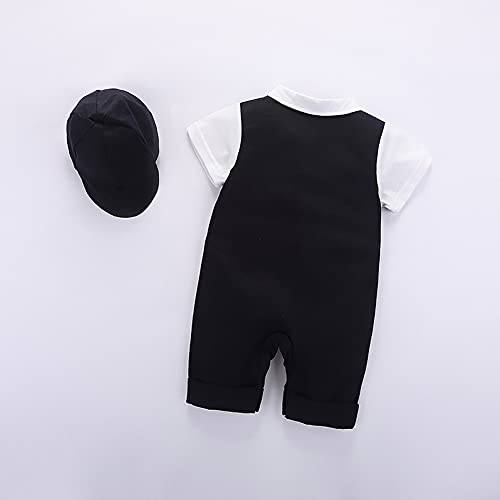 Idopip Baby Boy One-Piece Rompers Short Sleeve Jumpsuit Gentleman White Shirt Waistcoat Bowtie Tuxedo Formal Suit Infant Birthday Wedding Christening Outfit Clothes With Hat Black + Hat 6-9 Months thumb #4
