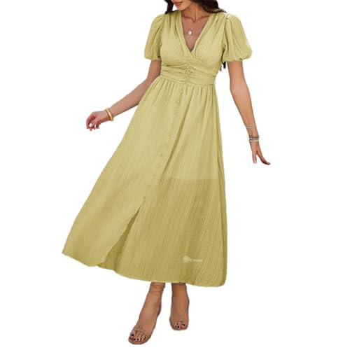 Image of Women Summer Casual Midi Dress Puff Sleeve V Neck Ruched Button Front Split Boho Beach Vacation Wedding Dresses 2026