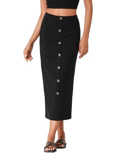 Vrtige Women's Stretchy Knit Pencil Skirt Elastic High Waist Button Split Bodycon Midi Skirt2