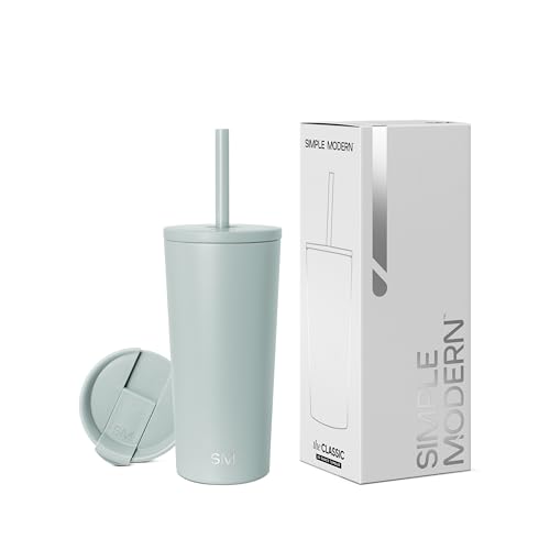 Simple Modern Isolierter Becher mit Strohhalmdeckel und Klappdeckel,wiederverwendbare Edelstahl-Wasserflasche für kaltgebrühten Tee, Eiskaffee, Reisebecher,590 ml,Meerglas-Salbei