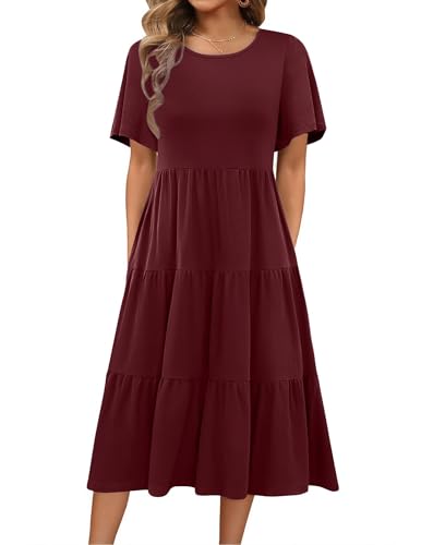 Zeagoo Women's Summer Dress Midi Floral Flutter Short Sleeve Casual Dresses with Pockets Tiered Flowy Boho Beach Dress