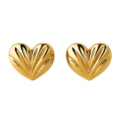 Sucra Blooming Heart Stud Earrings, 14K Real Gold Plated, Heart Stud Earrings for Women with Textured Design, Minimal Studs, Hypoallergenic, Water-Resistant, Non-Tarnish, 20 mm x 22.86 mm