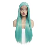 Pelucas sintéticas sin pegamento verde claro, 13 x 3 HD de encaje, pelucas rectas para mujeres agrega volumen al cabello (14 pulgadas)