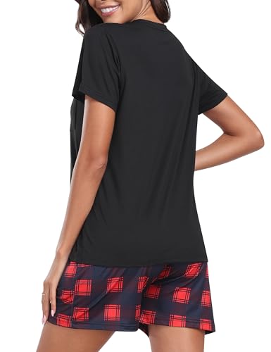 MoFiz Short Sleeve Pajama Sets for Women Plaid Pajama Shorts Set Soft Sleepwear Loungewear Sets 2 Piece Summer Pj Sets Short Pjs Set with Pockets L