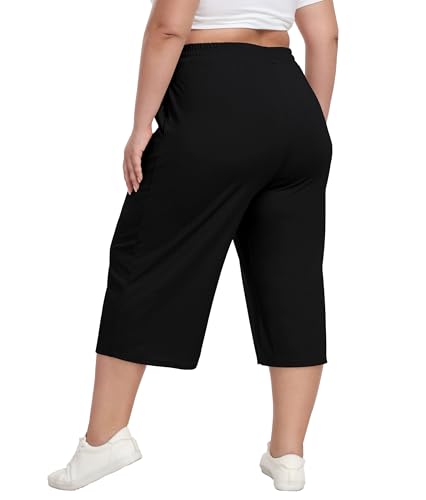 Cheapestbuy Women's Plus Size Capris Wide Leg Crop Casual Pants Comfy Summer Pants with Pockets Drawstring3