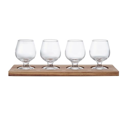 BarCraft Wooden Tasting Paddle 34cm, Set of 4 Glasses 150ml, Acacia Wood Paddle with Card Slots, Ideal for Beer Flight, Wine Tasting, Whisky, Cocktails, Drinkware Gift Set, Brown