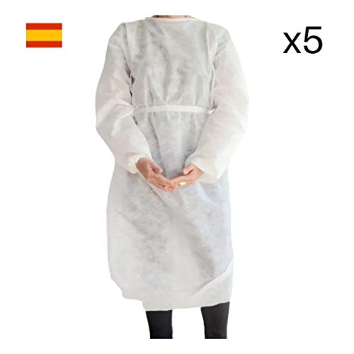 TUPROTECCION Bata de aislamiento desechable fabricada en España, Paquete de 5 batas. Batas quirúrgicas de manga larga con puños elásticos de Tejido sin Tejer. Bata protectora para hombre y mujer