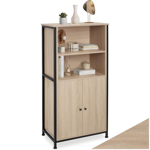 tectake® Librería Estantería Industrial con Armario Esquinero de 2 Puertas Magnéticas, Mueble Almacenaje en Madera y Acero, Vitrina Expositora - 60 x 38 x 125 cm Madera Industrial Clara, Roble Sonoma
