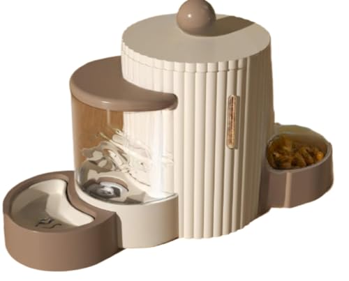FADZECO ペット 水飲み器 犬 猫 自動給水器 自動給餌器 セット 犬猫兼用 大容量 ケージ取付可能 電源不要 お留守番対応 熱中症を防ぐ 転倒防止 漏れ防止 ペット用品 重力式自動供給 食品グレードフリー サイフォン装置防漏 (ブラウン)