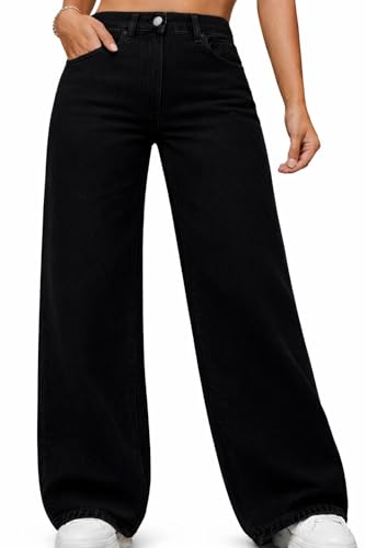 Image of Women High Waist Straight Fit Wide Leg Jeans | Dark Black Z Black Stretch Denim | Trendy Baggy Jeans for Women | Premium Casual Street wear Pants