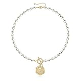Collar de perlas con inicial de oro para mujer, chapado en oro de 14 quilates, hecho a mano, 5 mm, collar de perlas redondas de imitación con cierre de palanca personalizado, colgante hexagonal con