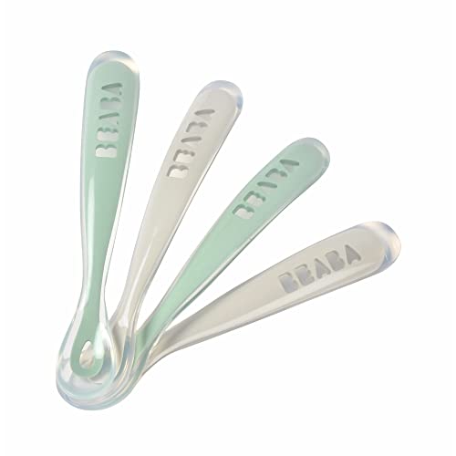 Image of BEABA Baby's First Foods Spoon Set, Original Silicone Baby Spoons, Baby Essentials, Baby Spoons, Pack of 4 Baby Gift Set, BPA Lead & Phthalate Free, Sage