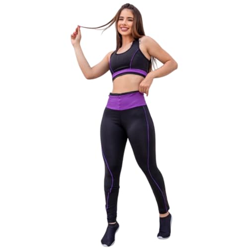 Roupa Academia Calça com Top Faixa Feminino Fitness (G - Veste 42 ao 44, Preto e Azul)