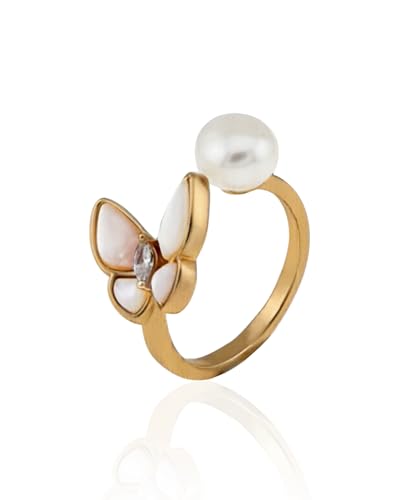 18k Gold Plated Freshwater Pearl, Mother of Shell Butterfly Open Ring for Women Gift Everyday and Wedding Band