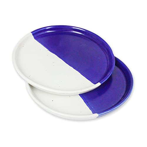 Roro Handmade Ceramic Stoneware Divided Dinner Plate - Two Tone Speckled Ocean Blue & White Spot Design (Set Of 2) #TOP2