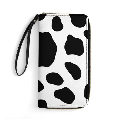 HEBVASS Fashion Printed Black White Milk Cow Spots Print Leather Wallet for Men, High Capacity, Multiple Card Slots, Portable Rope