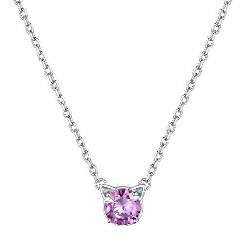 ChicSilver Bow and Cat Birthstone Necklace, 925 Sterling Silver Pendant Necklaces for Women, Hypoallergenic Silver Choker with 16 inch Rolo Chain, 12 Months Jewelry for Valentines Mothers Da