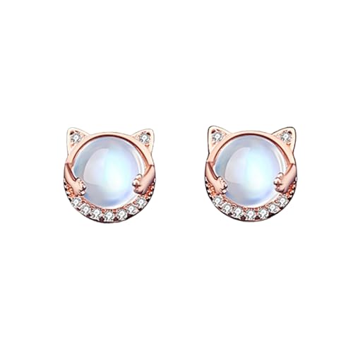 JOME Boucles d’Oreilles Chat & Pierre de Lune – Argent 925 Plaqué Or Rose – Hypoallergéniques, Ultra-légères – Idée Cadeau Féminine et Féérique