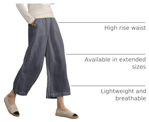 Image of ECUPPER Womens Cotton Cropped Pants Loose Fit Wide Leg Trousers | Casual, Plus Size, Elastic Waist, Capri, 100% Cotton, Slant Pockets, High Rise Waist, Lounge Pants