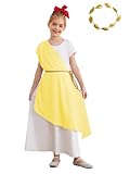 Monduelle Vestido de diosa griega para niña con corona de laurel antiguos vestidos romanos Toga vestido maxi Halloween carnaval disfraz amarillo 146-152