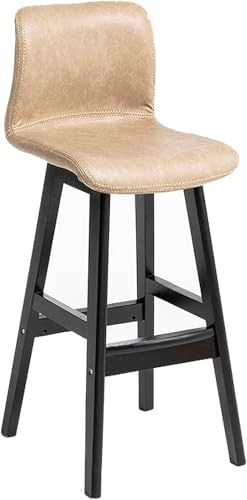 Tabouret de bar beige 62 cm en cuir synthétique avec dossier et pieds bois