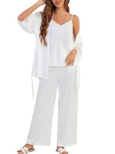 Moreone Women's 3-Piece Silk Pajama Set with Lace Trim Cami