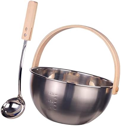 MagiDeal Sauna Stainless Steel Bucket and Ladle Set Wood Handle for Steam Rooms, Enjoy Your Sauna Time Durable with Long Handle Spoon Capacity 5L