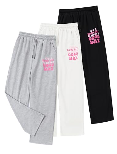 Image of EXARUS 3 Pack Girls Sweatpants Joggers Teen Sweat Pants Wide Leg | Tween Baggy Casual Preppy Pockets High Rise Elastic Waist School Sports Trendy Clothes Kids Youth Junior 6-14Y