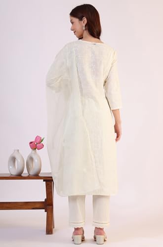 Image of W for Woman Embroidered Lace Cotton Blend Straight Kurta & Straight pant Set