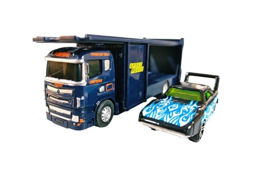 Image of Die Cast Transport Truck with Sports Car for Toddlers | Kids Trailer Toy with Mini Racing Car | Metal Carrier Vehicle for Boys and Girls 3+ Years | Friction Powered Transporter Toys (Blue)
