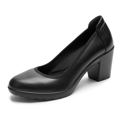 Women's Pumps with Arch Support, Chunky Closed Round Toe Block Heels for Women, Comfortable Low Heel Work Dress Shoes
