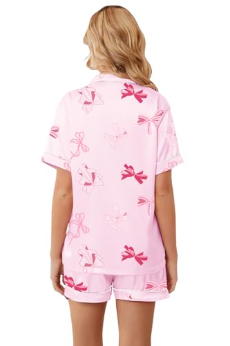 Image of Umeyda Women & Girls Pajamas Set, Soft Satin Lightweight Silk Button-Down Top with Shorts 2 Piece PJS for Mom Boys Kids Gifts