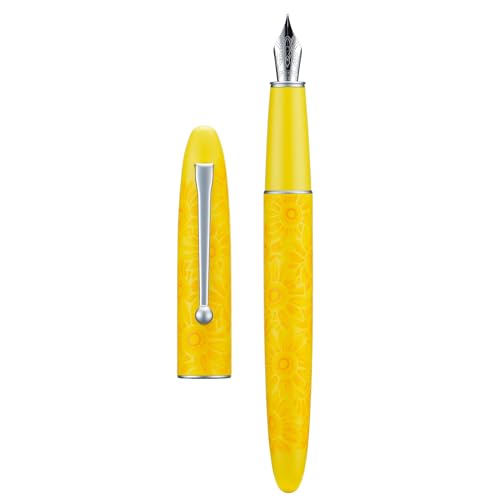 HONG DIAN C3 Füllfederhalter, feines und weiches Iridium, chinesische Knotenschnitzung, leuchtendes Gelb und Sonnenblumen-Design mit Metallbox
