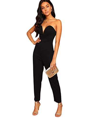 Romwe Women's Elegant Off Shoulder Sweetheart Neck Sleeveless Strapless Stretchy Party Romper Jumpsuit Black S #TOP2