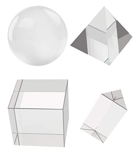 4 Pack K9 Optical Crystal Photography Prism Set with，Include 50mm Crystal Cube,50mm Glass Triangular Prism, 55mm Crystal Ball, 60mm Optical PyramidFor Physics Teaching, Games and Photography